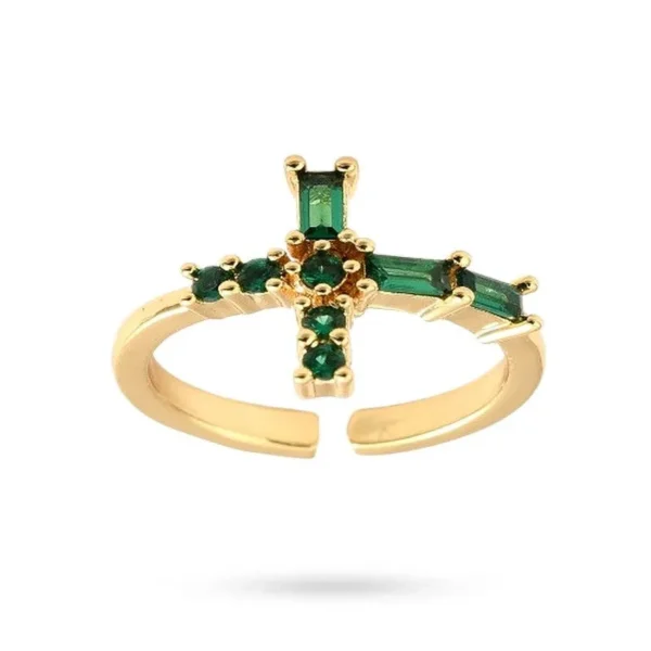 Bague réglable croix zirconiums verts