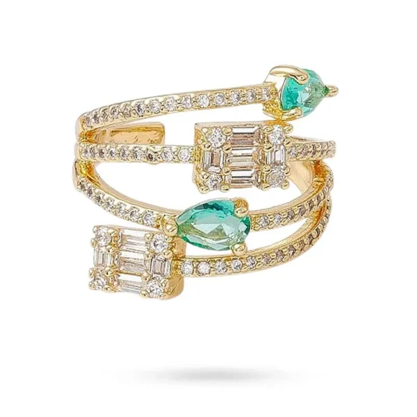Bague réglable larme avec zirconiums blanc et vert sertis
