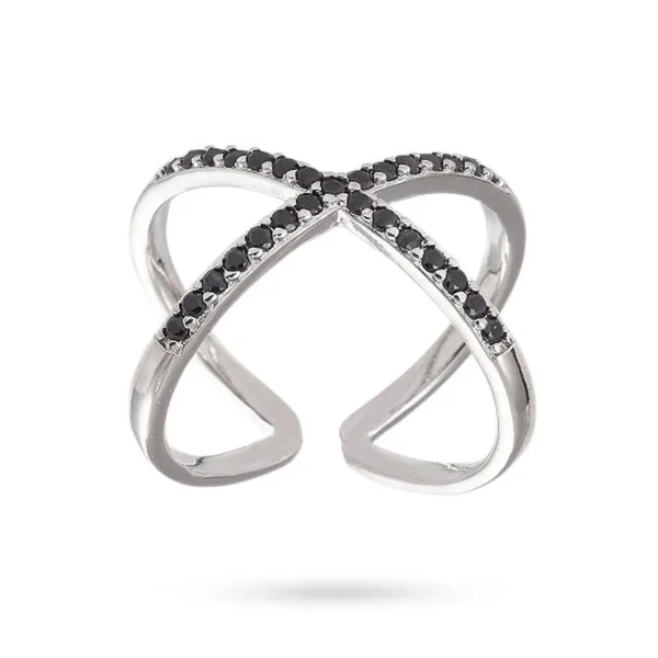 Bague réglable entrecroisée diamants CZ noir sertis