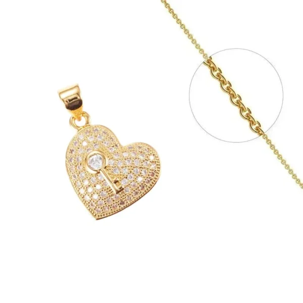 Collier chaîne pendentif cœur avec clé zirconiums sertis