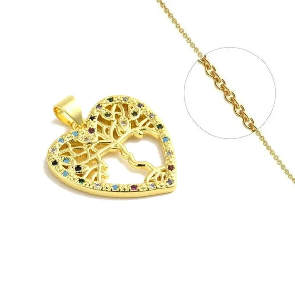 Collier chaîne et pendentif arbre de vie cœur zirconiums couleurs sertis