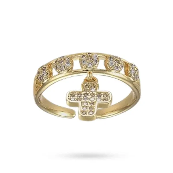 Bague réglable breloque croix zirconiums sertis